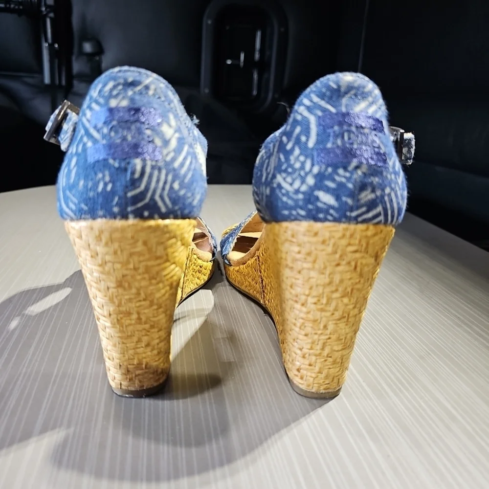 TOMS Blue Wicker Weave Ankle Strap Womens Wedge‎ Open Toe Sandals Shoes Size 6.5